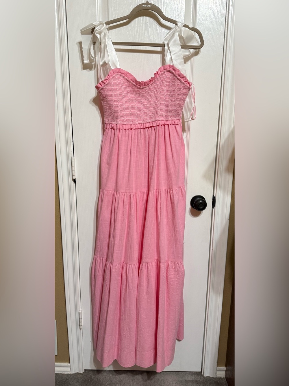 She + Sky Pink Tiered Midi Dress with White Tie Straps